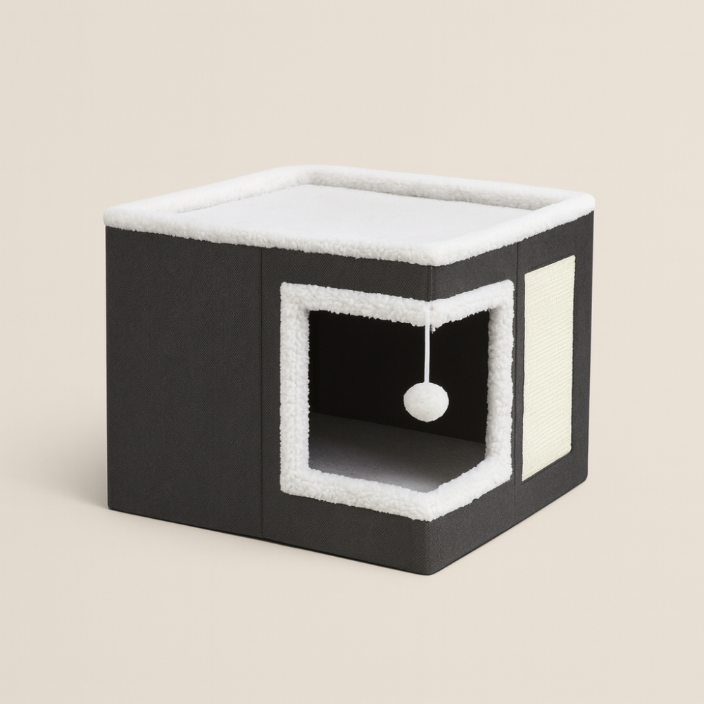 Maison Pliable pour Chat d’Intérieur – Lit Grotte avec Cube Caché, Coussin Réversible et Anti-Rayures