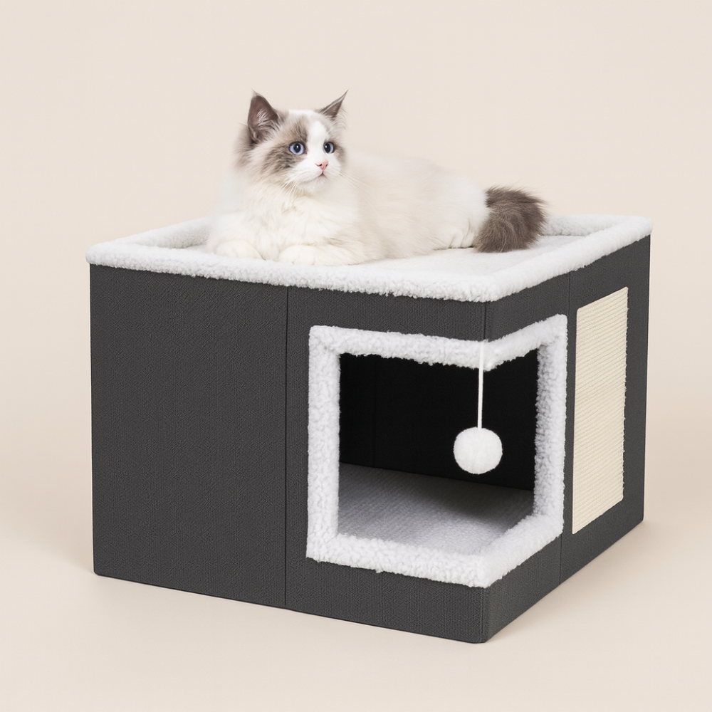 Maison Pliable pour Chat d’Intérieur – Lit Grotte avec Cube Caché, Coussin Réversible et Anti-Rayures