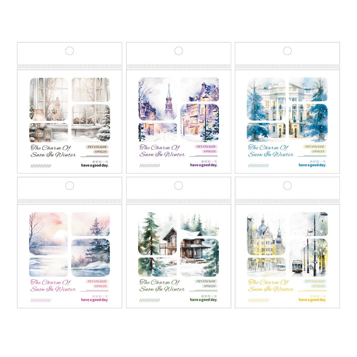 10 Sheets Per Pack PET Stickers Winter Snow Rhyme Series Winter Landscape Handbook Decorative Material 6 Models