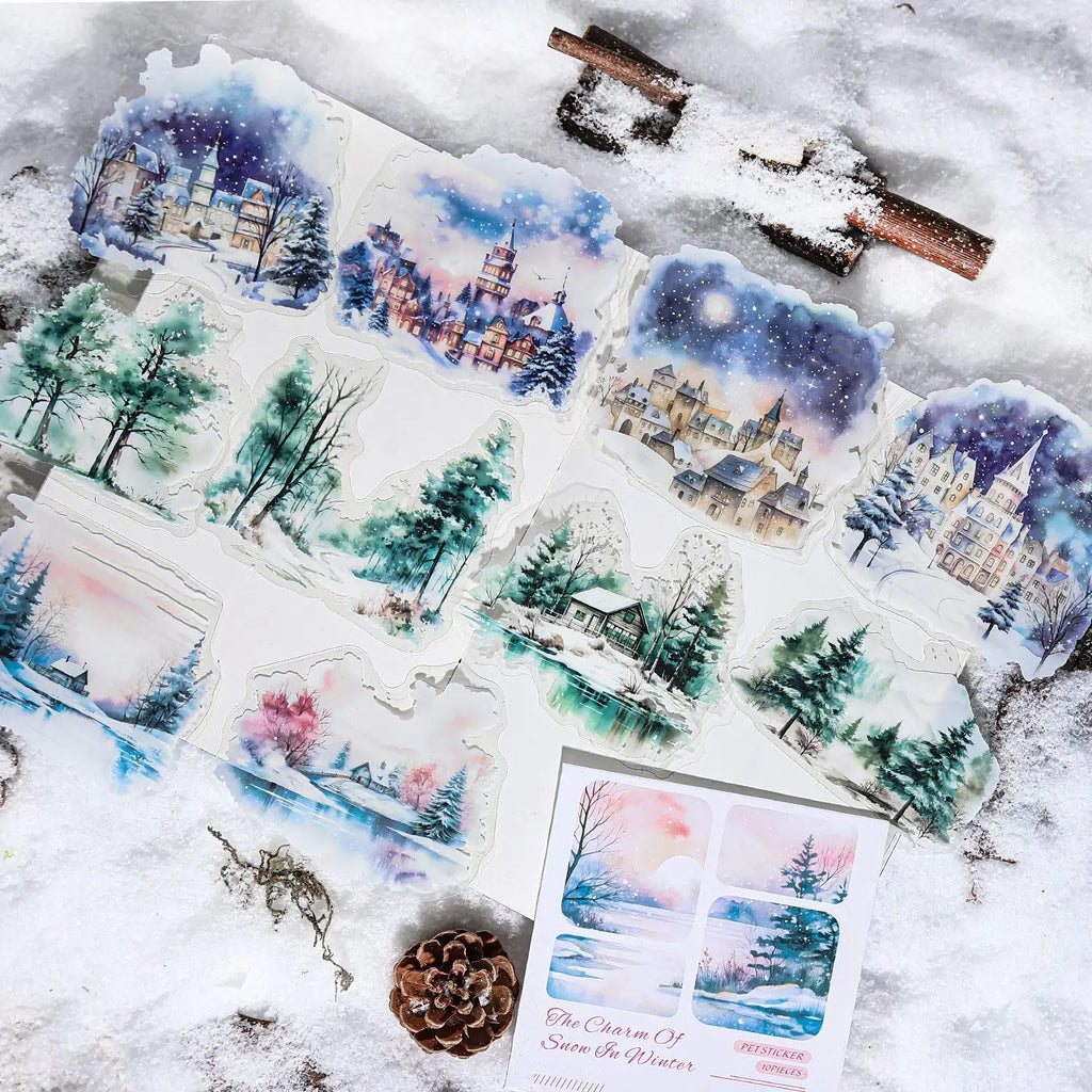 10 Sheets Per Pack PET Stickers Winter Snow Rhyme Series Winter Landscape Handbook Decorative Material 6 Models
