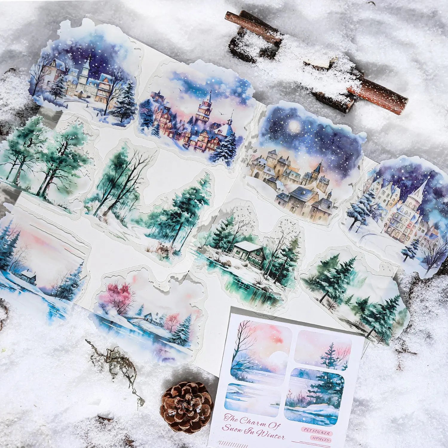 10 Sheets Per Pack PET Stickers Winter Snow Rhyme Series Winter Landscape Handbook Decorative Material 6 Models