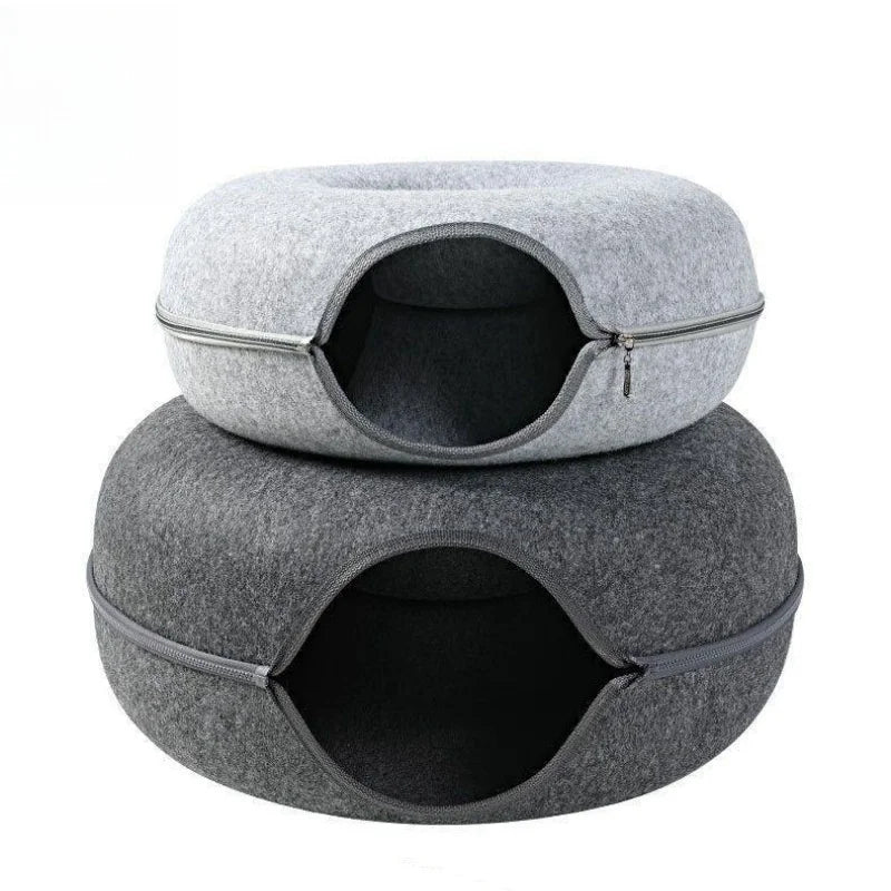 2023 New Design Solid Pattern Cat Tunnel Bed Washable Indoor Pet Cave Bed with Accessories Donut Cat Cave Tunnel
