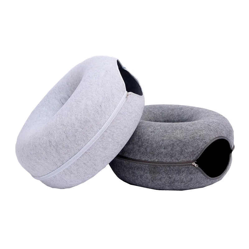 Wholesale Luxury Creative Double-Storey Donuts Shape Custom Felt Pet Cat Bed New Hot Manufacturer's Peekaboo Cat Cave Solid