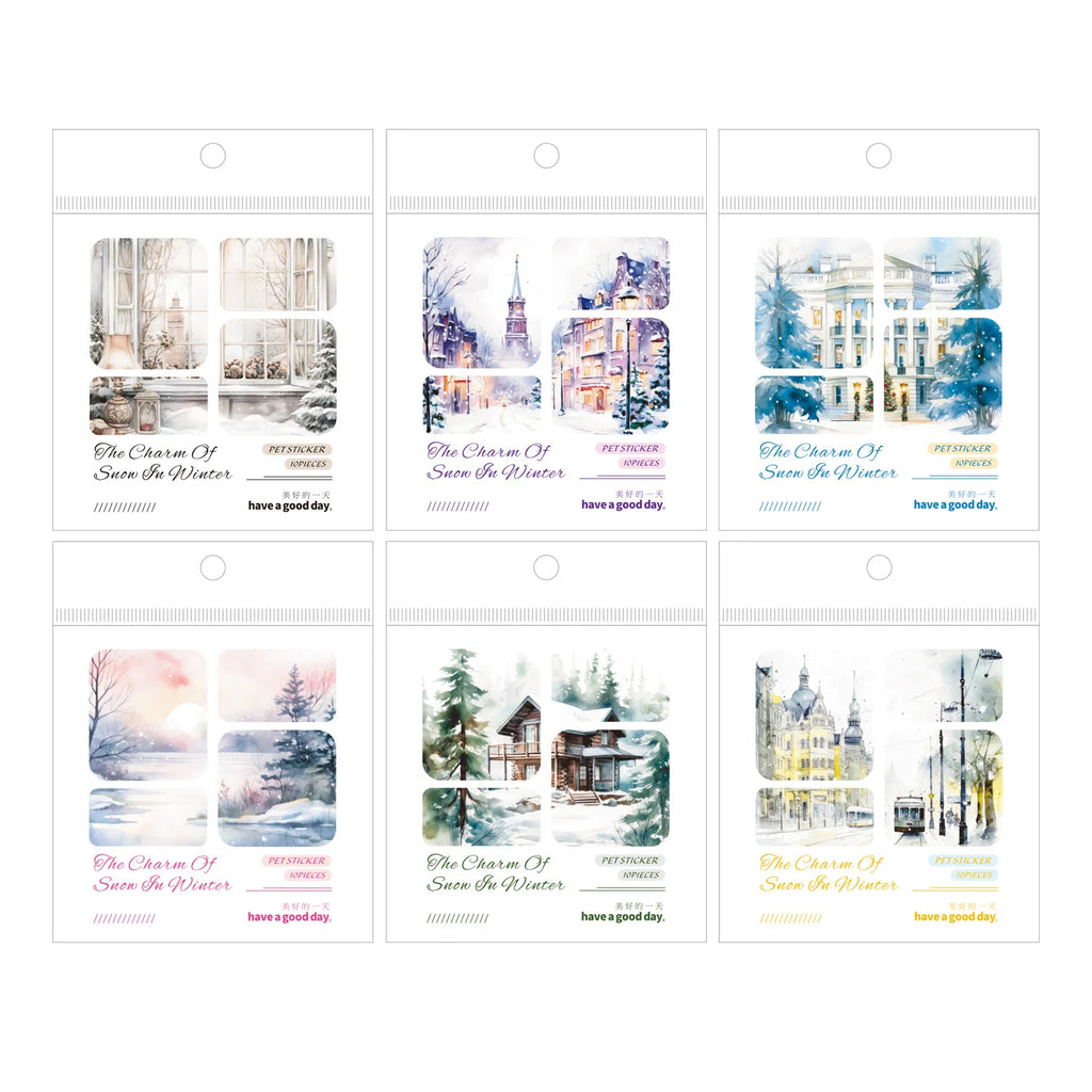 10 Sheets Per Pack PET Stickers Winter Snow Rhyme Series Winter Landscape Handbook Decorative Material 6 Models