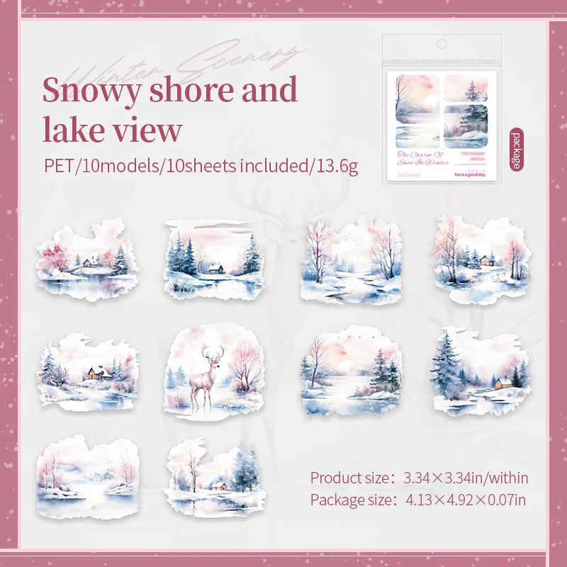10 Sheets Per Pack PET Stickers Winter Snow Rhyme Series Winter Landscape Handbook Decorative Material 6 Models