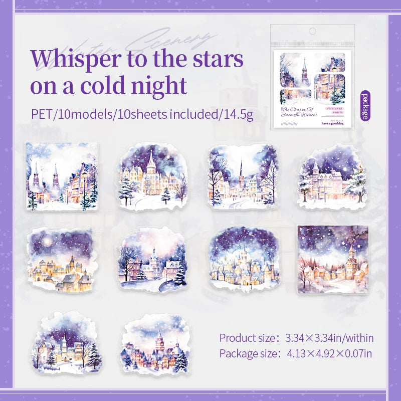 10 Sheets Per Pack PET Stickers Winter Snow Rhyme Series Winter Landscape Handbook Decorative Material 6 Models