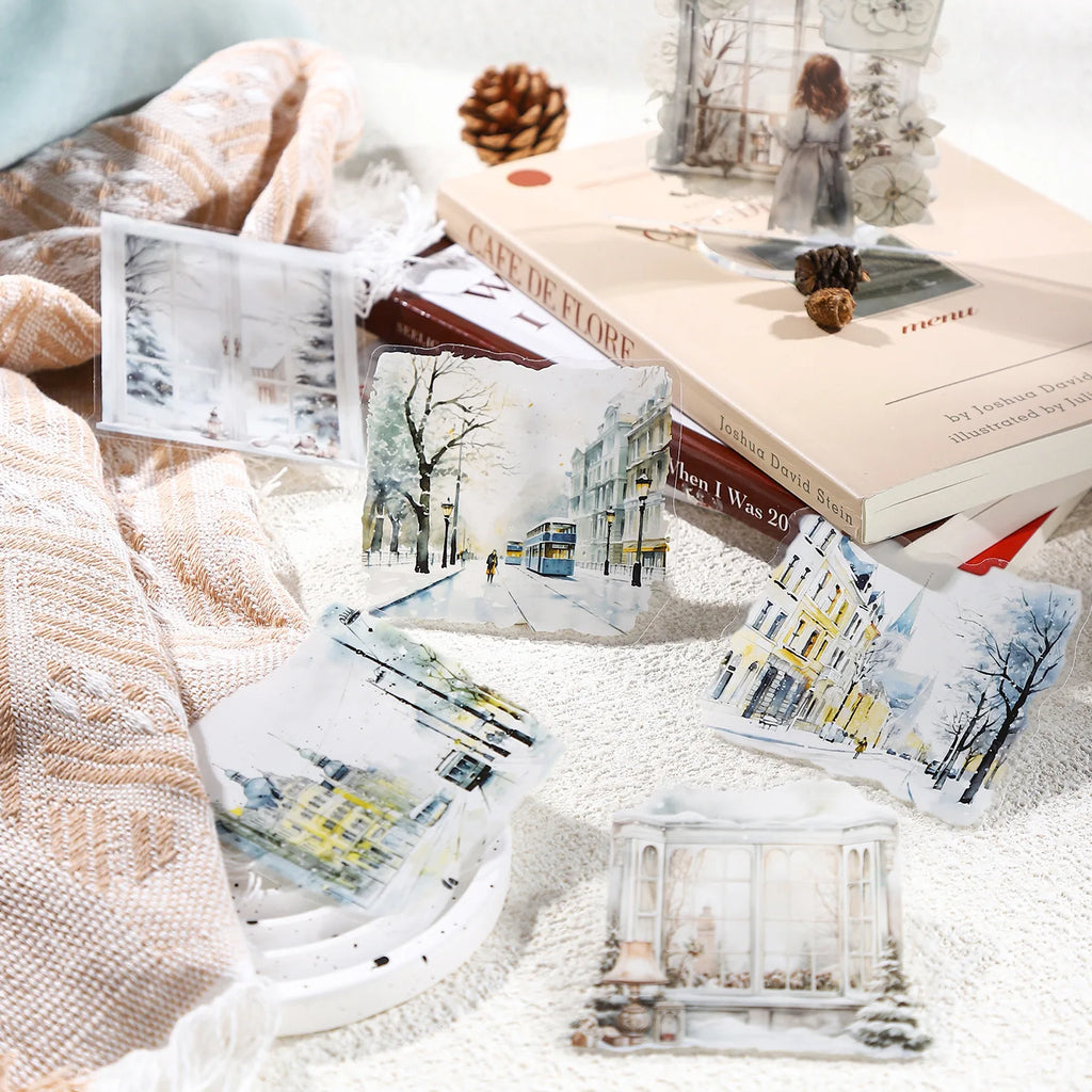 10 Sheets Per Pack PET Stickers Winter Snow Rhyme Series Winter Landscape Handbook Decorative Material 6 Models