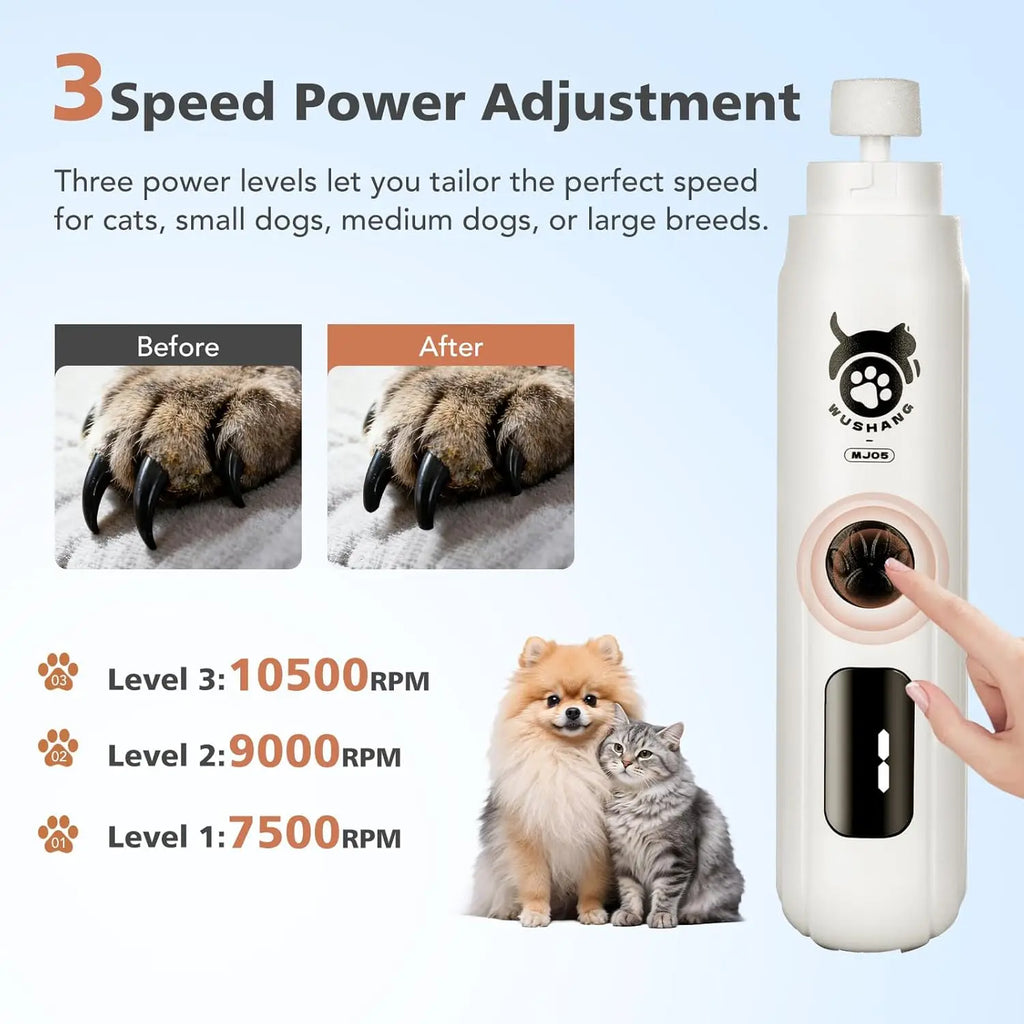 Dog Nail Grinder 3-Speed Low Vibration Electric Pet Nail Trimmer with Digital Display Rechargeable USB-C Cat Nail File