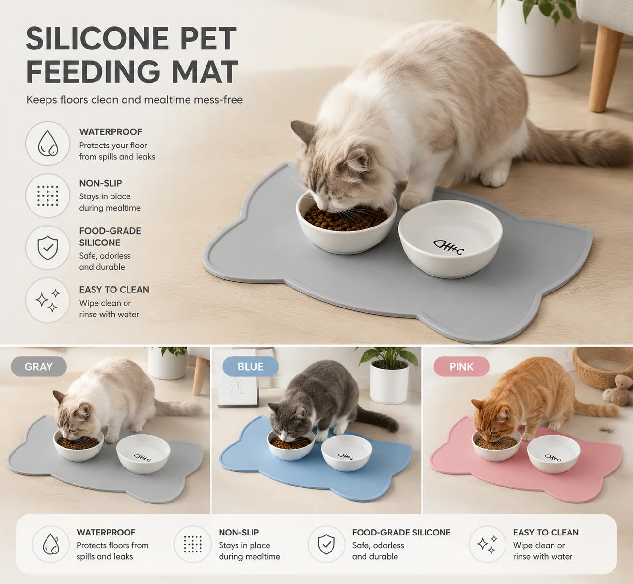 Food Grade Silicone Cat Mat Anti-slip Waterproof Leak-proof Pad for Cats & Dogs Easy to Clean Pet Bowl Mat