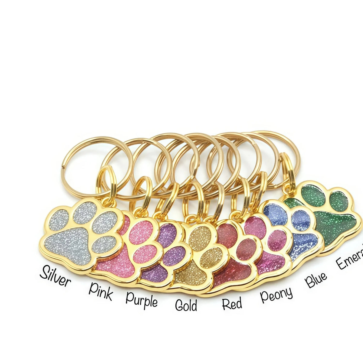Personalized Glitter Gold Paw Print Pet ID Tag S - Custom Engraved Dog Cat Name Tag with Ring, Cute Collar Charm for Small Pets
