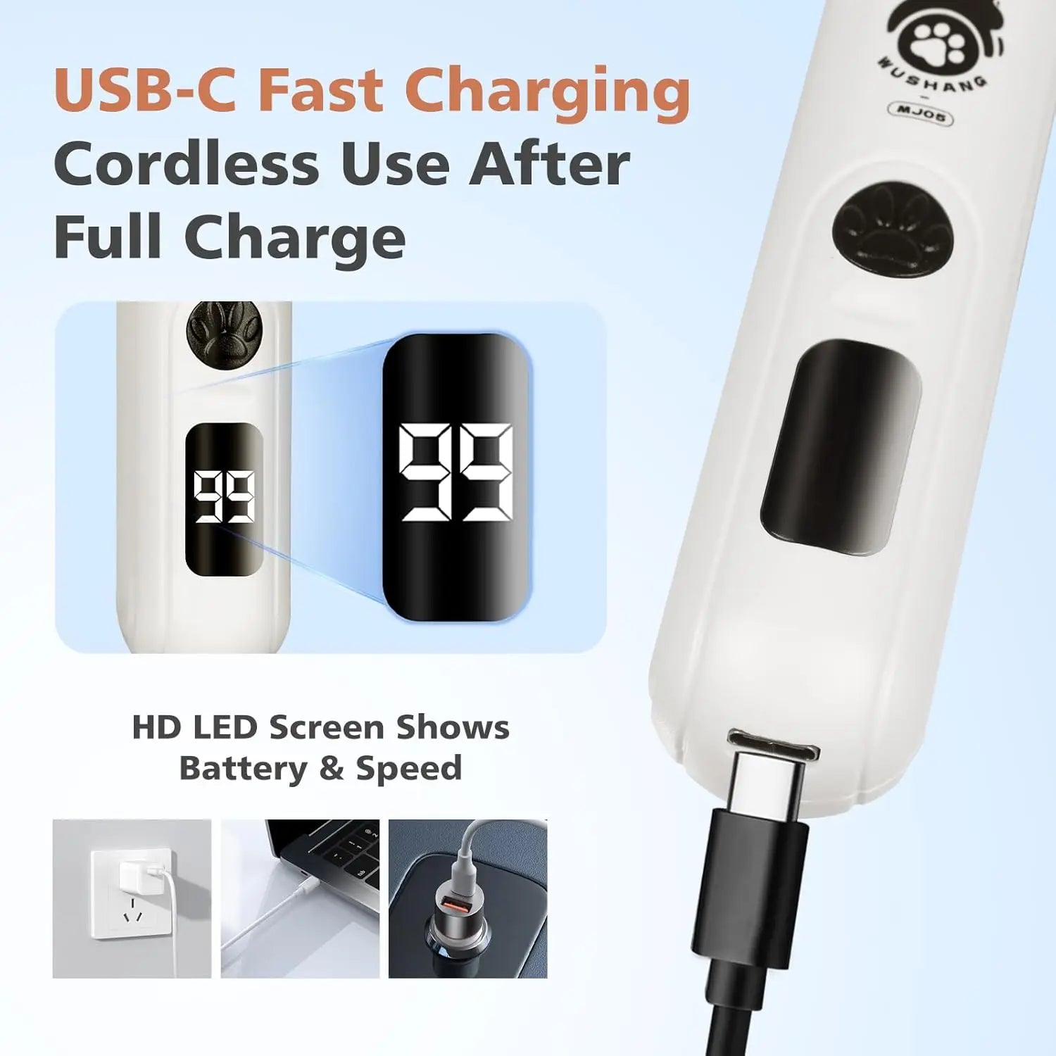 Dog Nail Grinder 3-Speed Low Vibration Electric Pet Nail Trimmer with Digital Display Rechargeable USB-C Cat Nail File