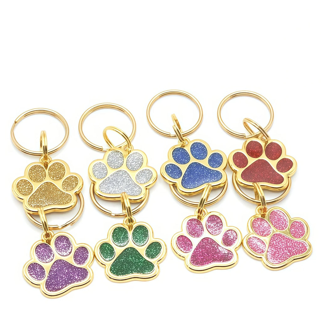 Personalized Glitter Gold Paw Print Pet ID Tag S - Custom Engraved Dog Cat Name Tag with Ring, Cute Collar Charm for Small Pets