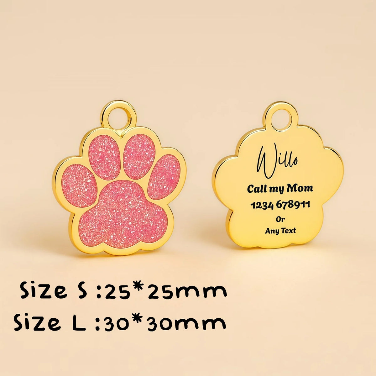 Personalized Glitter Gold Paw Print Pet ID Tag S - Custom Engraved Dog Cat Name Tag with Ring, Cute Collar Charm for Small Pets