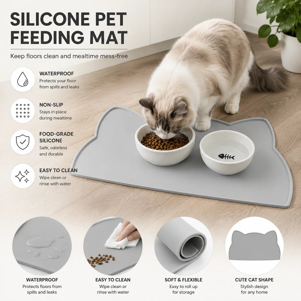 Food Grade Silicone Cat Mat Anti-slip Waterproof Leak-proof Pad for Cats & Dogs Easy to Clean Pet Bowl Mat