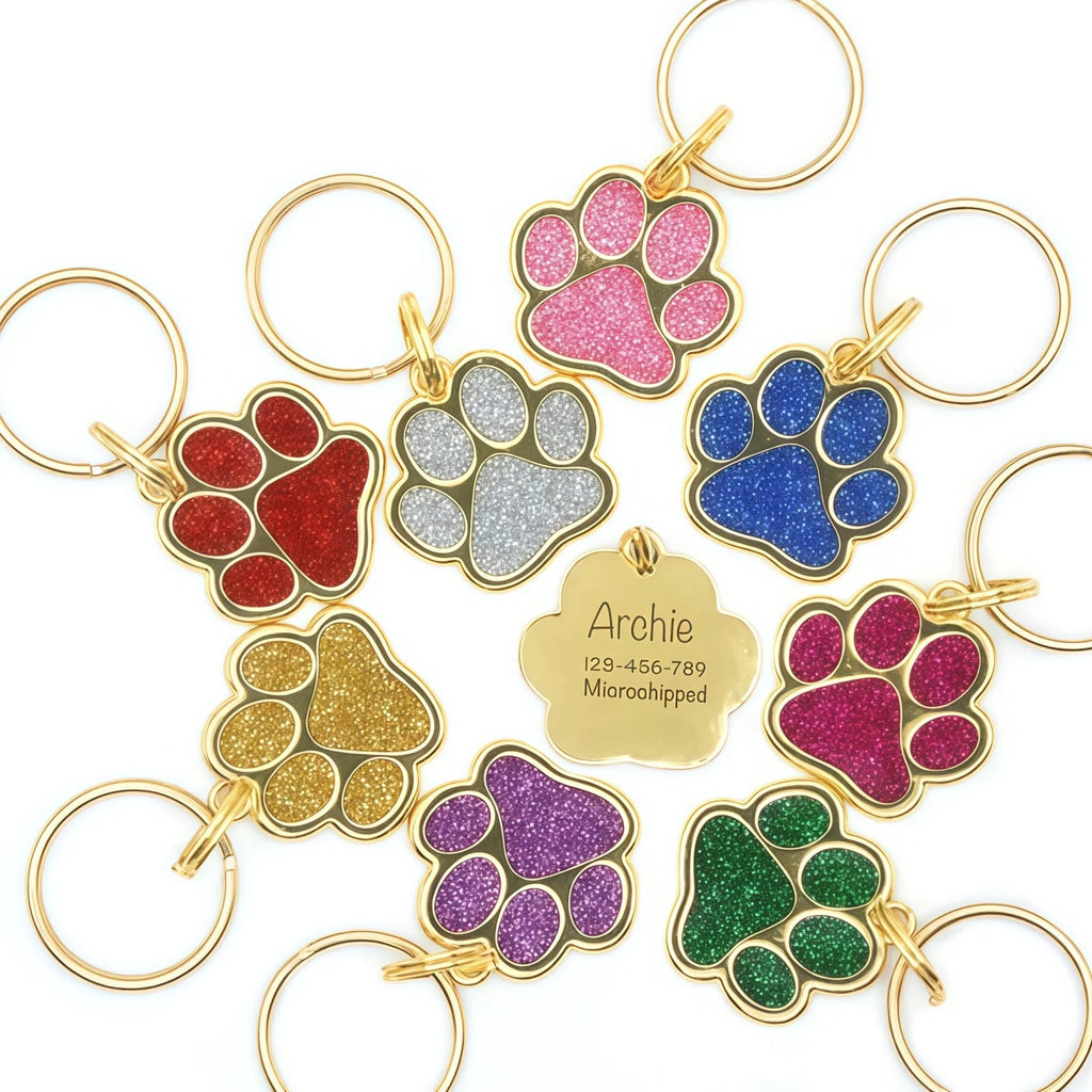 Personalized Glitter Gold Paw Print Pet ID Tag S - Custom Engraved Dog Cat Name Tag with Ring, Cute Collar Charm for Small Pets