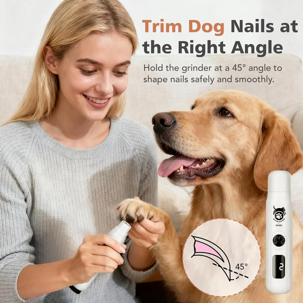 Dog Nail Grinder 3-Speed Low Vibration Electric Pet Nail Trimmer with Digital Display Rechargeable USB-C Cat Nail File