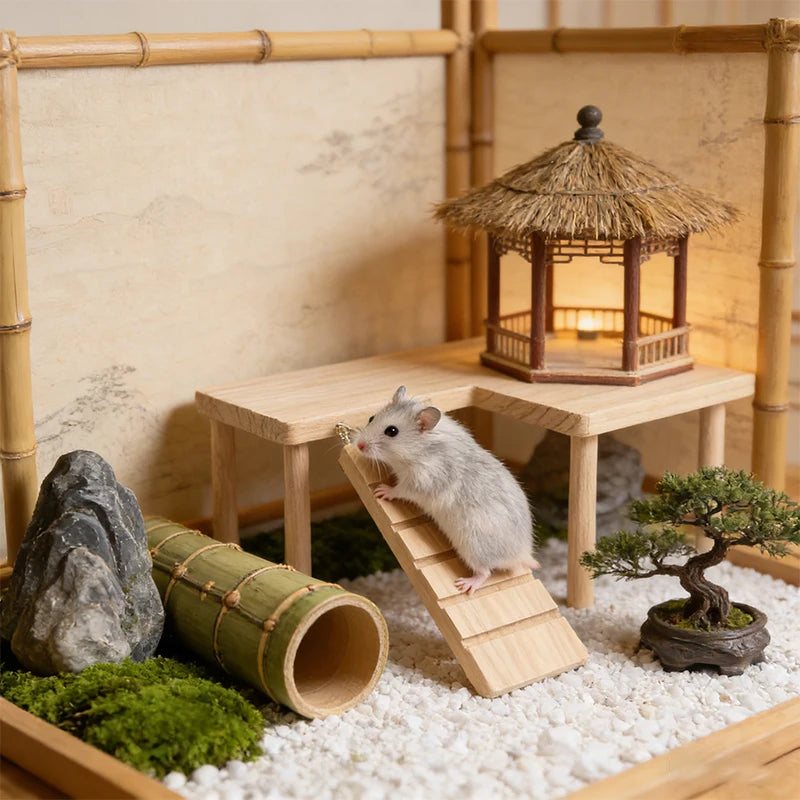L-shaped Wooden Hamster Platform 2-Tier With Stairs Thickened Climbing Hideout Boredom Relief Small Pet Cage Habitat Decor