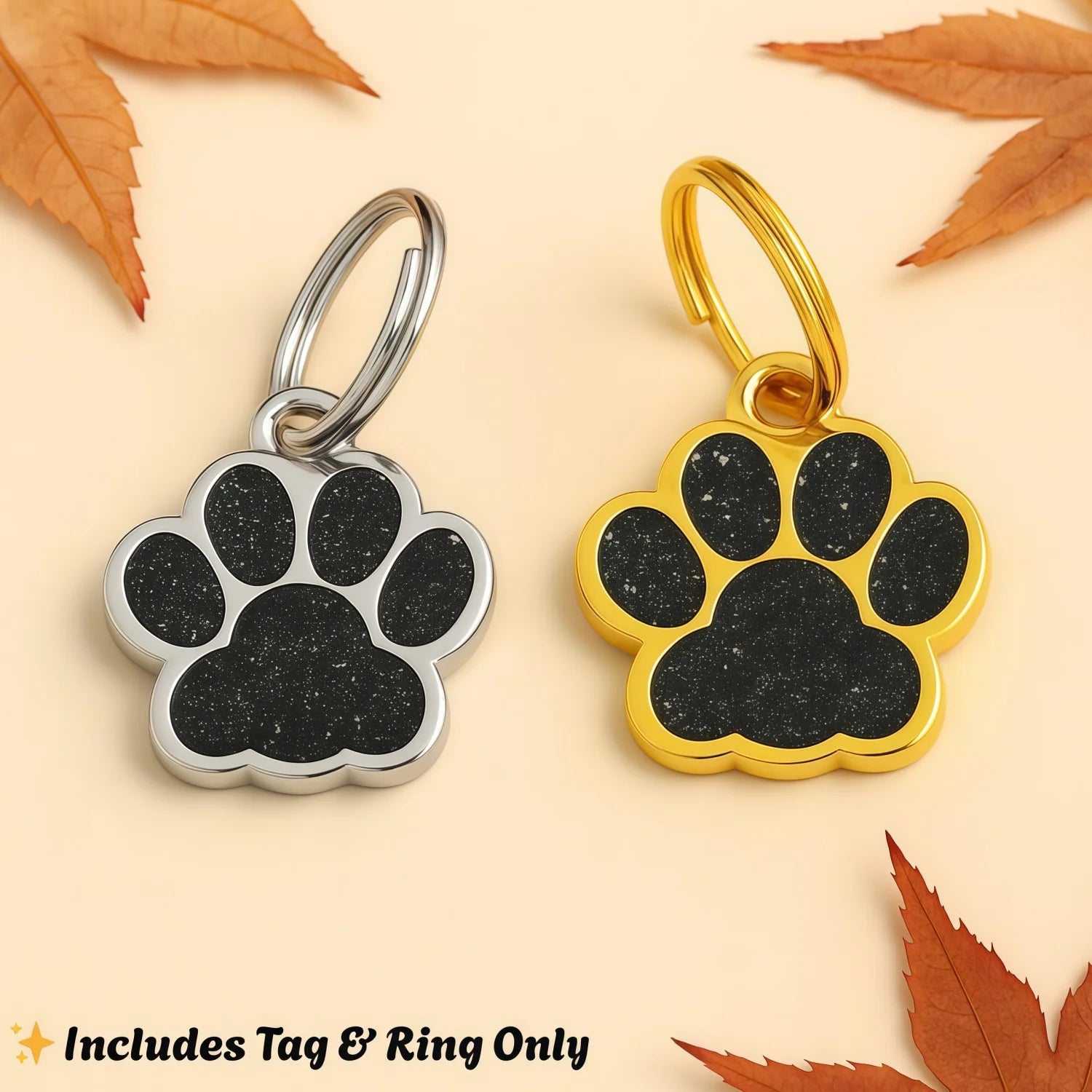 Personalized Glitter Gold Paw Print Pet ID Tag S - Custom Engraved Dog Cat Name Tag with Ring, Cute Collar Charm for Small Pets