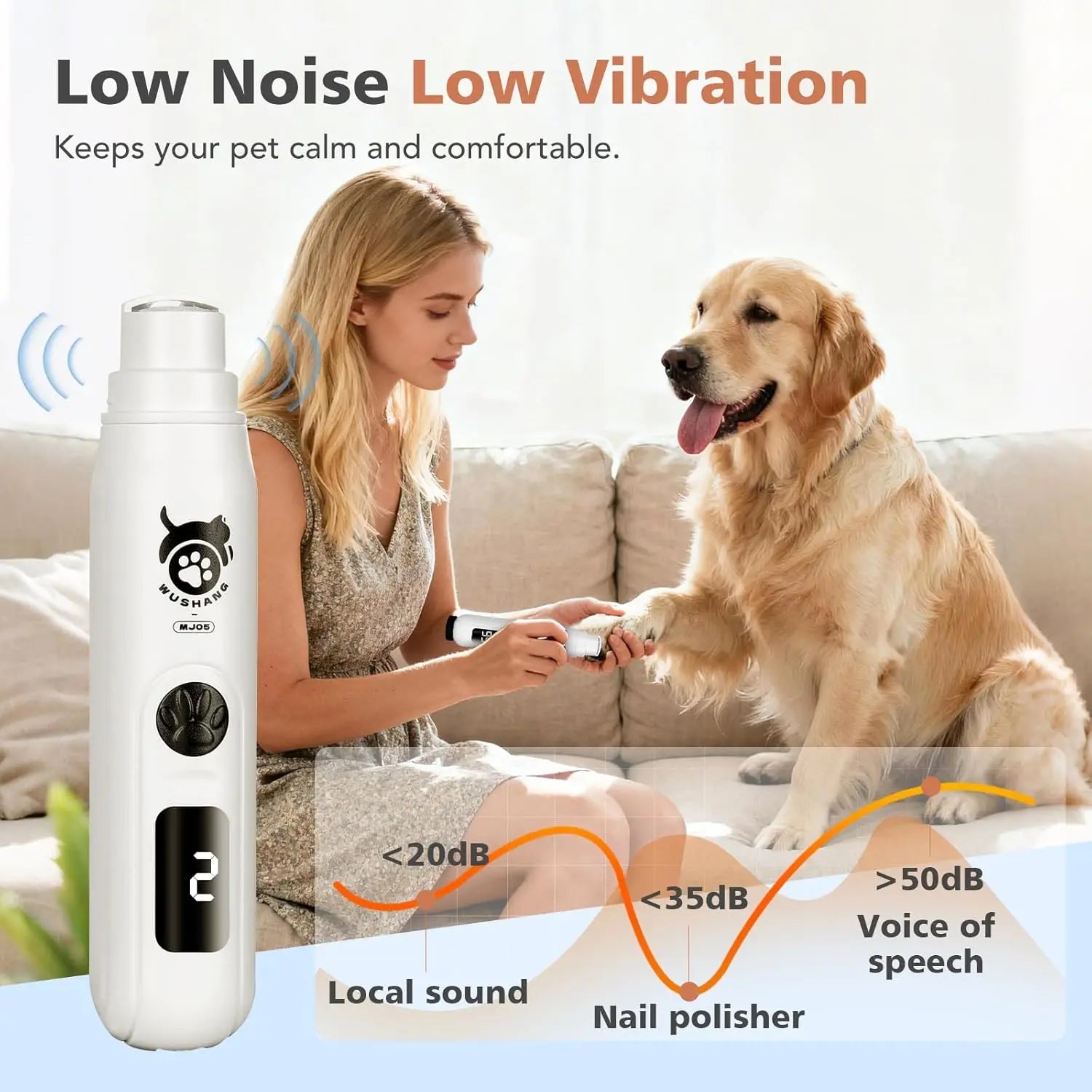 Dog Nail Grinder 3-Speed Low Vibration Electric Pet Nail Trimmer with Digital Display Rechargeable USB-C Cat Nail File